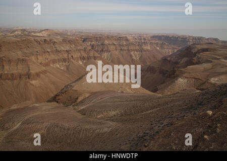 Le ripide pareti del canyon profondi di Nachal o Nahal Tzeelim o Nahal Tze'elim. Givat Gorni, il Deserto della Giudea, Israele. Foto Stock