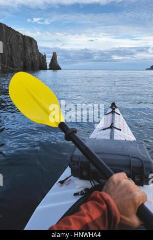 Punto di vista immagine di kayaker kayak di mare, Trinity Bay, Terranova, Canada Foto Stock