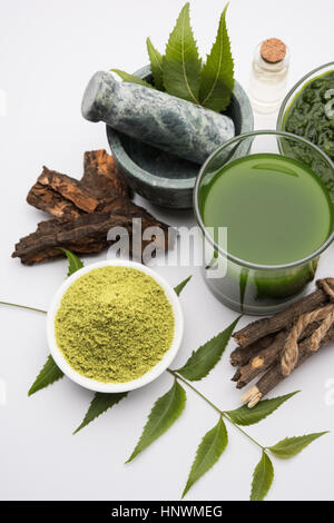 Ayurvedico medicinali Azadirachta indica o Neem foglie in mortaio e pestello con neem pasta, succo di frutta e ramoscelli, polvere e olio, il fuoco selettivo Foto Stock