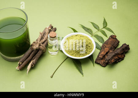 Ayurvedico medicinali Azadirachta indica o Neem foglie in mortaio e pestello con neem pasta, succo di frutta e ramoscelli, polvere e olio, il fuoco selettivo Foto Stock