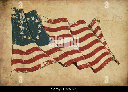 Carta da parati raffigurante una carta invecchiato, testurizzata sfondo con un graffiato illustrazione della American Betsy Ross bandiera Foto Stock