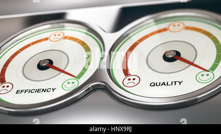 3d'illustrazione di due quadranti con l'ago rivolto verso la massima qualità ed efficienza, business o il concetto di marketing di relazione con il cliente managemen Foto Stock