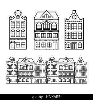 Case olandesi, edifici di Amsterdam, Olanda o Paesi Bassi archictecture icone Illustrazione Vettoriale