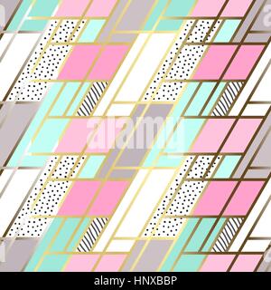 Vettore senza giunture astratto modello patchwork con figure geometriche e ornamenti floreali, fiori stilizzati, puntini e contorno in oro. Blu Pastello Lilla sfondo rosa. Illustrazione Vettoriale