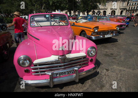 Dipinto luminosamente completamente ristrutturata anni cinquanta vetture americane parcheggiato insieme nel centro di Havana Cuba Foto Stock