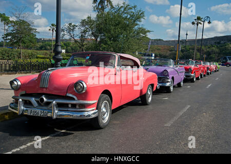 Dipinto luminosamente completamente ristrutturata anni cinquanta vetture americane parcheggiato insieme nella Habana Vieja Cuba Foto Stock