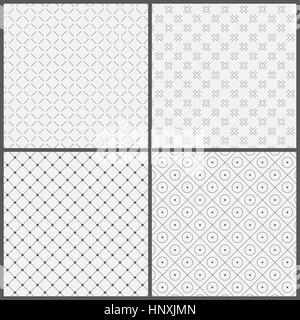 Modello senza giunture. Raccolta di quattro semplici texture lineare. Figure geometriche ripetitive, rombi, linee, punti, croci, cerchi. Monocromatico. Backdro Illustrazione Vettoriale