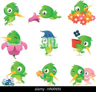 Cartoon hummingbird bird insieme, con verde grazioso uccello in diverse situazioni simili, uccello permanente, Profumo Fiore uccello, circondato da fiori Illustrazione Vettoriale