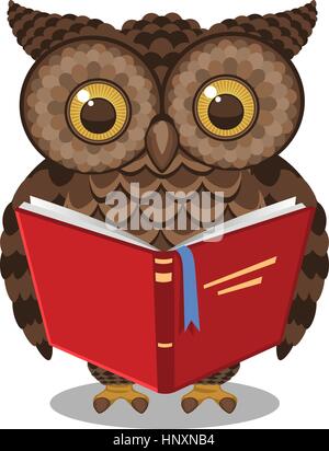Saggio intelligente di Gufo permanente la lettura di un libro illustrazione vettoriale. Illustrazione Vettoriale