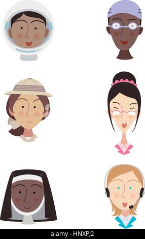 Testa e la spalla persone professionali Avatar profilo, con l'astronauta donna, infermiere donna, safari donna, posh donna, nun donna, servizio clienti donna v Illustrazione Vettoriale