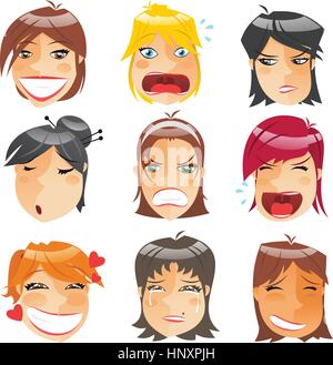 Testa di donna persone carattere espressioni Avatar Profilo vista anteriore impostato, illustrazione vettoriale. Illustrazione Vettoriale