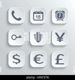 Le icone delle finanze set - bianco del vettore APP pulsanti con calendario telefono sveglia la protezione chiave euro dollar pound yen Illustrazione Vettoriale