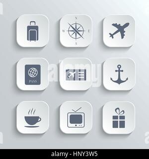 Icone di viaggio set - bianco del vettore APP pulsanti con piano valigia bussola di ancoraggio passaporto ticket coffee tv simboli regalo Illustrazione Vettoriale
