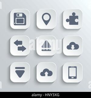 Web icone set - bianco del vettore APP pulsanti con pin di sincronizzazione puzzle fino giù il cloud scaricare caricare il dischetto del telefono Illustrazione Vettoriale