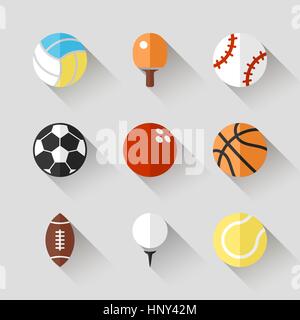 Sport balls icona set - bianco del vettore APP bottoni lunga ombra stile con il calcio calcio tennis baseball basket golf pallavolo rugby bowling ping Illustrazione Vettoriale