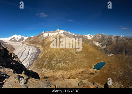 Una vista maestosa al ghiacciaio di Aletsch, il più grande gracier nelle Alpi e UNESCO herritage e Fiescher ghiacciaio da Bettmeralp, Vallese, Svizzera, Europa Foto Stock