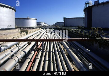 RAS TANURA, Arabia Saudita -- tubi che portano all'olio terminale di carico per il SUPERTANKERS PRESSO IL PIÙ GRANDE DEL MONDO DI RAFFINERIA DI PETROLIO A RAS TANURA, Arabia Saudita. Foto Stock