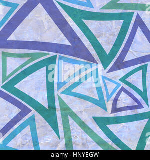 Sfondo astratto con geometrica elementi di triangolo in viola verde e blu su sgualciti vecchio libro bianco Foto Stock