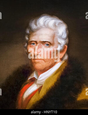 Daniel Boone (1734-1820), il ritratto di Chester Harding, olio su tela, 1820. Daniel Boone è stato un famoso pioniere americano e frontiersman che divenne un eroe popolare negli Stati Uniti. Dettaglio di un dipinto di grandi dimensioni, HNYT15 Foto Stock