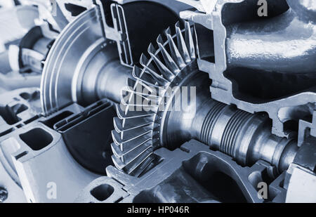 Struttura della turbina modello, illustrazione con sezione trasversale, nei toni del blu foto con morbida messa a fuoco selettiva Foto Stock