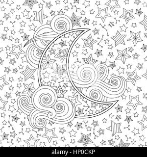 Immagine di contorno di luna crescent nuvole, stelle in zentangle ispirato doodle stile. Composizione quadrata. Illustrazione Vettoriale