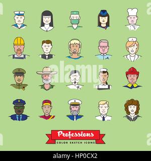 Collezione di 25 persone professionali avatar schizzo a colori delle icone Illustrazione Vettoriale
