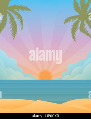 Sole che tramonta dietro le nuvole all'orizzonte su mare Illustrazione Vettoriale