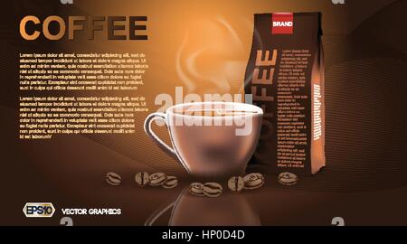 Realistico calda tazza di caffè e un pacchetto Mockup modello per il branding, la pubblicità e il design dei prodotti. Cottura a vapore fresca bevanda calda in una tazza con fagioli arrosto Illustrazione Vettoriale