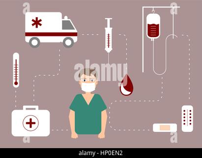 Surgeon surrounded by a medical kit. Young doctor with face mask and medicine icons. Accident and emergency medicine concept. First aid, treatment. Illustrazione Vettoriale