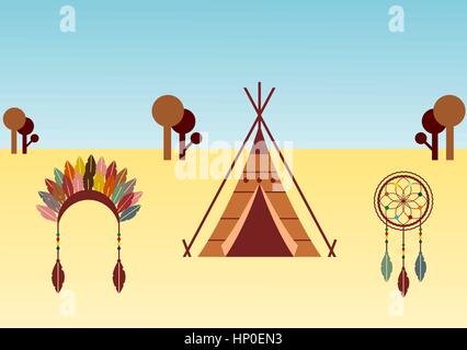Nativi americani illustrazione a tema con wigwam, dream catcher e copricapo. Nativi americani il concetto di cultura. Opere d'arte etnica con elementi di design. Illustrazione Vettoriale