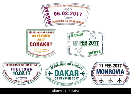 Stilizzata Passaporto Francobolli della Liberia, Guinea Bissau, Guinea, Sierra Leone, Senegal e Gambia in formato vettoriale. Illustrazione Vettoriale