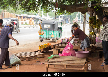 COLOMBO, SRI LANKA - Novembre 28, 2013 : i venditori di strada che la preparazione di stallo per vendere verdure su piccola strada del mercato di Colombo, Sri Lanka il 2 novembre Foto Stock