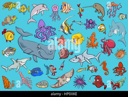 Cartoon illustrazioni di mare la vita degli animali e di pesce gruppo di caratteri Illustrazione Vettoriale