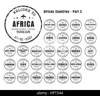 Design vecchio usurato passaporto francobolli con il nome dei paesi africani. Segno di modelli per il viaggio e l'aeroporto. Parte 2. Impostare Illustrazione Vettoriale