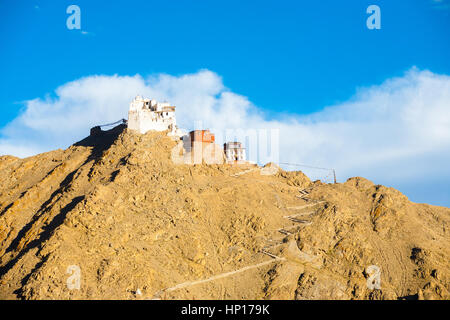 Tsemo Fort e Namgyal Tsemo Gompa sulla cima di una montagna visto dalla distanza del teleobiettivo in Leh, Ladakh, India Foto Stock