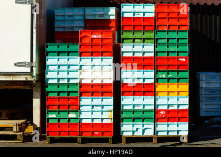 Nogersund, Svezia - 14 Febbraio 2017: documentario di pesci colorati casse impilate su pallet di legno nel porto di pesca. Foto Stock