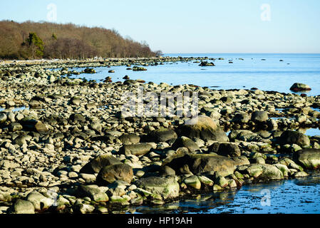 Un sacco di massi di granito sono esposte da un basso livello di acqua di mare su questo tratto di costa. Ubicazione Nogersund in Blekinge, Svezia. Foto Stock