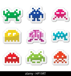 Space Invaders, 8bit alieni set di icone Illustrazione Vettoriale