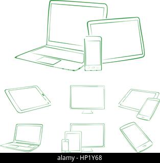 Disegnato a mano i dispositivi digitali in verde e bianco Illustrazione Vettoriale