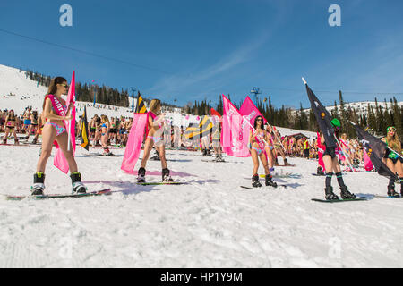 Sheregesh, Kemerovo Regione, Russia - 16 Aprile 2016: Grelka Fest è uno sport e attività di intrattenimento per sci e snowboard di piloti in bikini in Russ Foto Stock