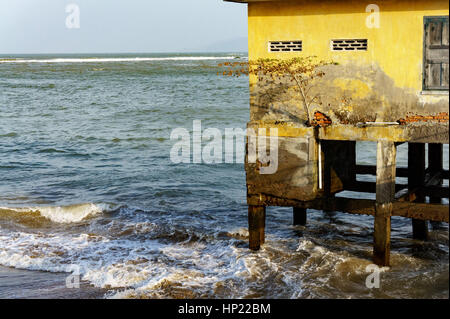 Casa su palafitte in mare aperto. albero solitario cresciuto in casa. Foto Stock