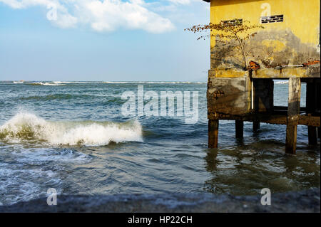 Casa su palafitte in mare aperto. albero solitario cresciuto in casa. Foto Stock