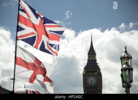 Primo piano della Union Jack flag. Bandiera del Regno Unito. Britannica Union Jack flag al vento. Foto Stock