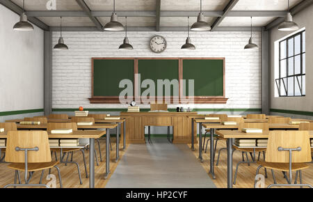 Classe retrò senza studente con mobili in legno - 3d rendering Foto Stock