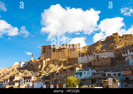 Facciate anteriore di Leh Palace e stile tibetano case sulla collina su un cielo blu giorno di estate in Ladakh, India. Posizione orizzontale Foto Stock