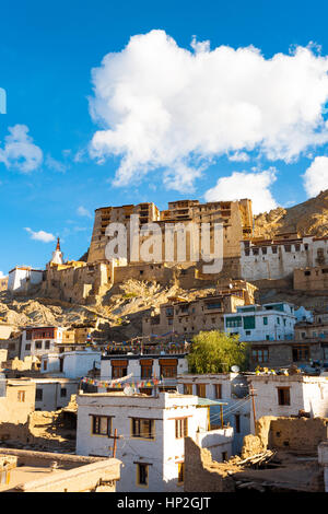 Facciate anteriore di Leh Palace e stile tibetano case sulla collina su un cielo blu giorno di estate in Ladakh, India. In verticale Foto Stock