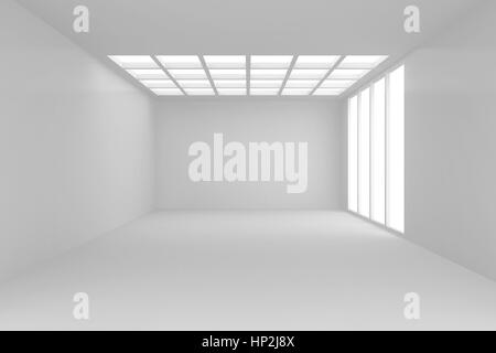 Gli spaziosi interni con muro grezzo e finestre panoramiche. Mock up, rendering 3D. Foto Stock