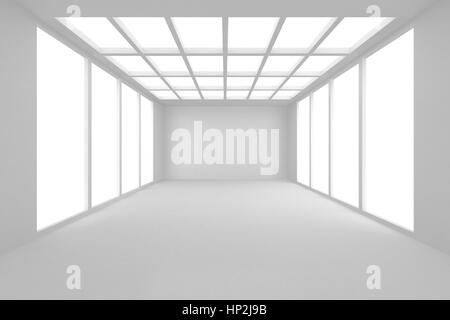 Gli spaziosi interni con muro grezzo e finestre panoramiche. Mock up, rendering 3D. Foto Stock