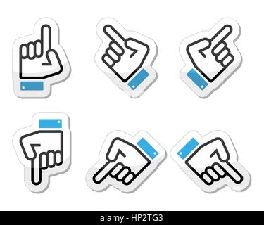 Puntando a mano - in alto e in basso attraverso il vettore icona. Icone vettoriali set di mano di puntamento isolato su bianco Illustrazione Vettoriale