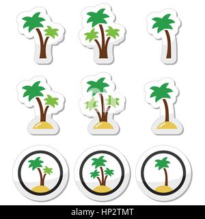 Alberi di palma, esotici vacanze sulla spiaggia icone vettoriali set. Raccolta di Palm tree forme isolato su bianco Illustrazione Vettoriale